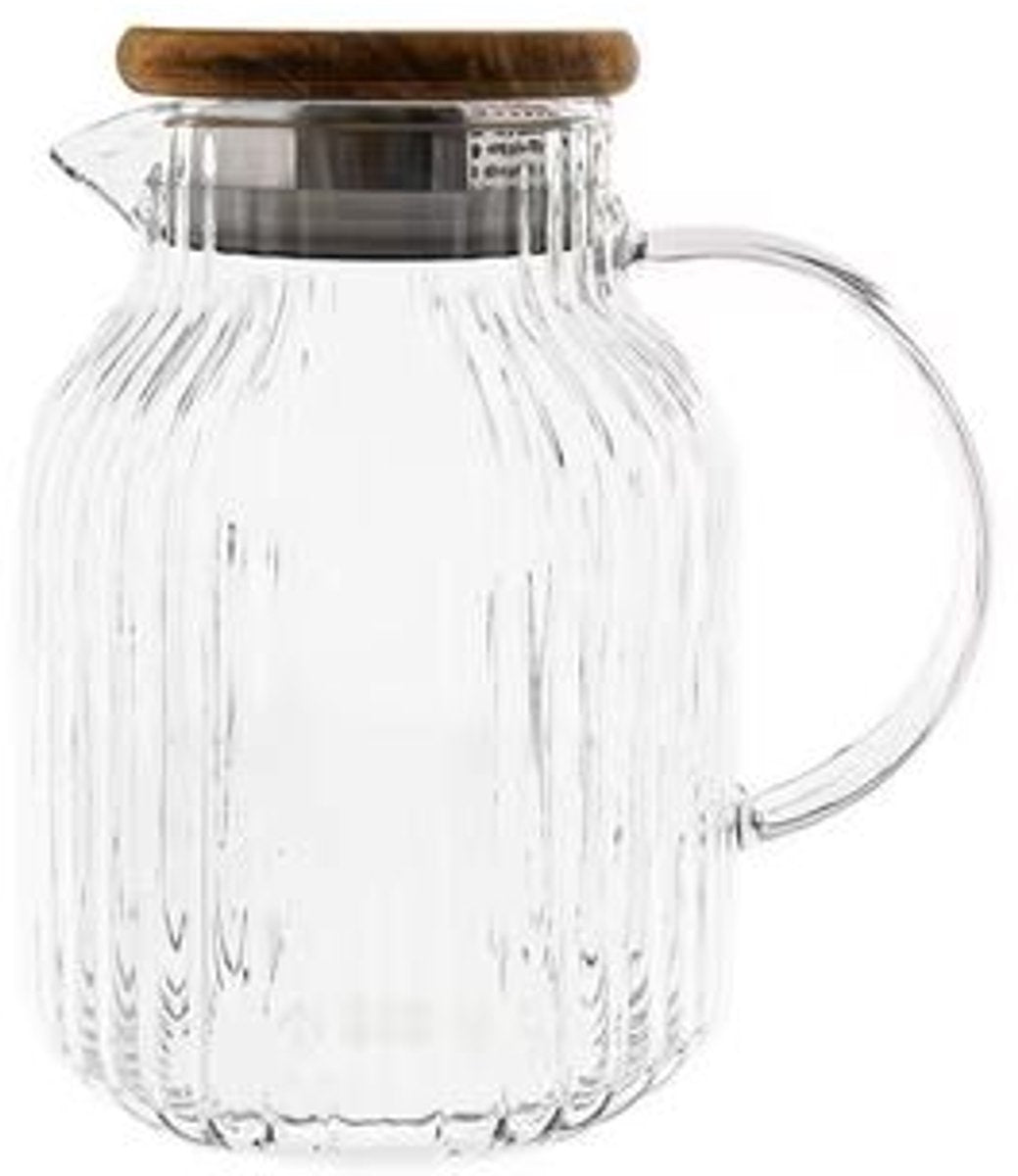 Almina Luana Caraffa - Karaf/Schenkkan met Schenktuit - 1,5 Liter – Glas met Acaciahout Deksel - Geribbeld Design