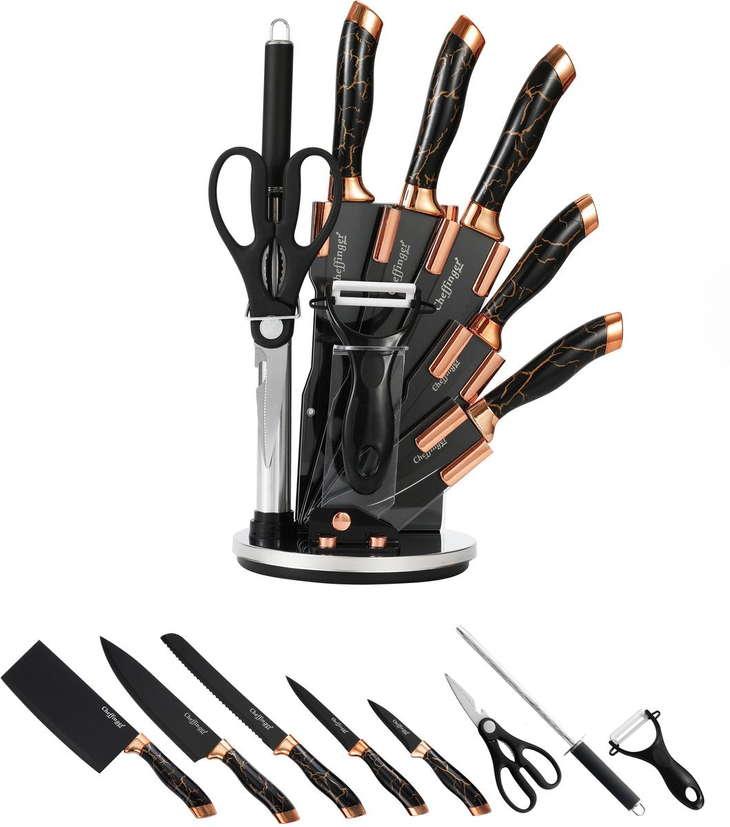 Ensemble de couteaux Cheffinger avec support - 9 pièces - Noir/Or rose