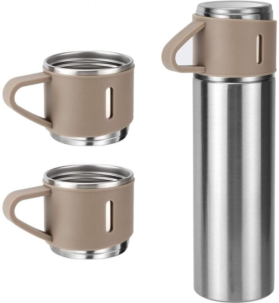 Hauskraft Thermosfles Set met 3 Bekers - 500ml - Zilver/Taupe - Koffie-to-go Beker