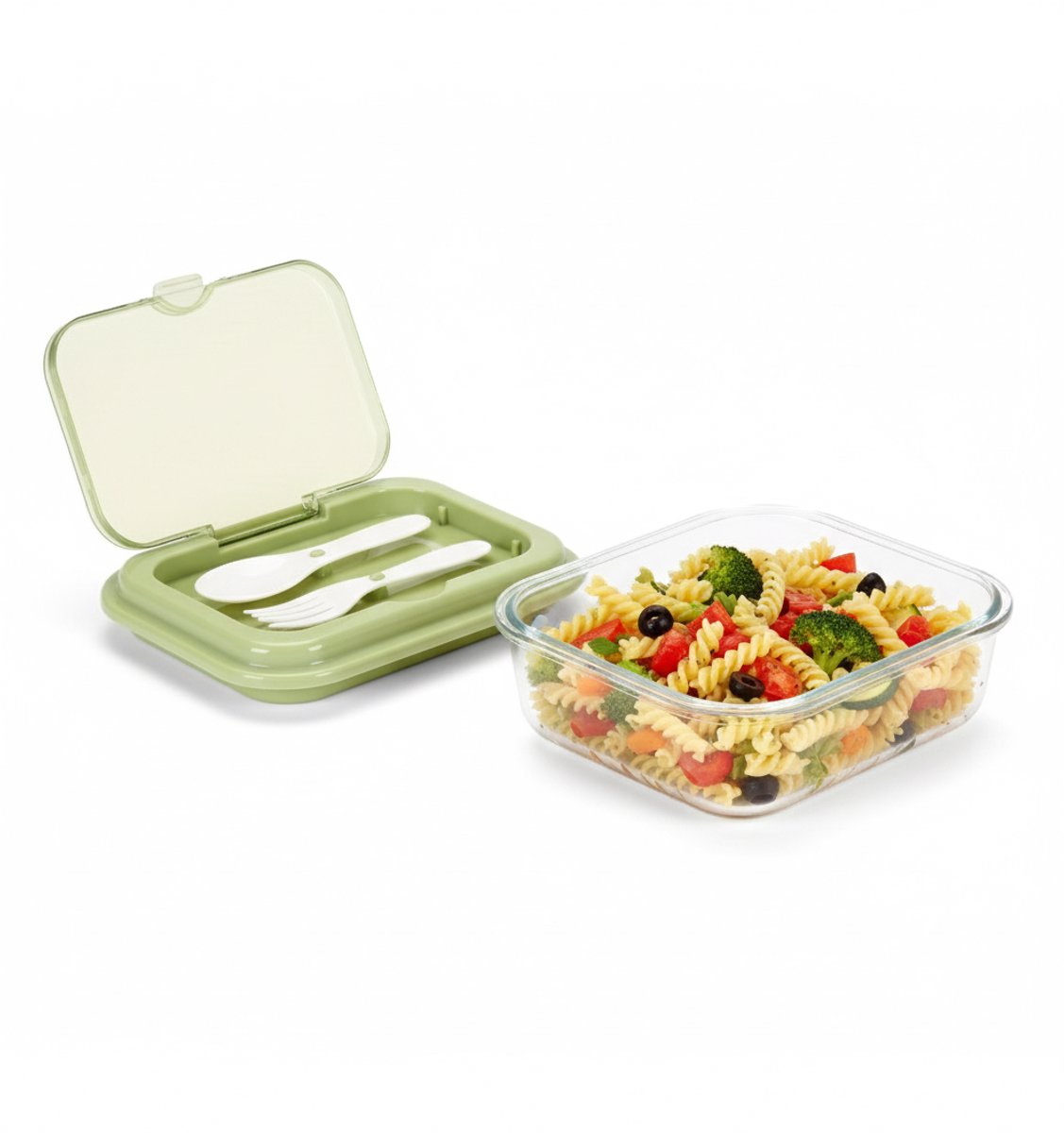 Cheffinger Lunchbox met Bestek - Glas - Groen - Bentobox - Multifunctioneel Voor Werk en School - Meal Prep Bakje