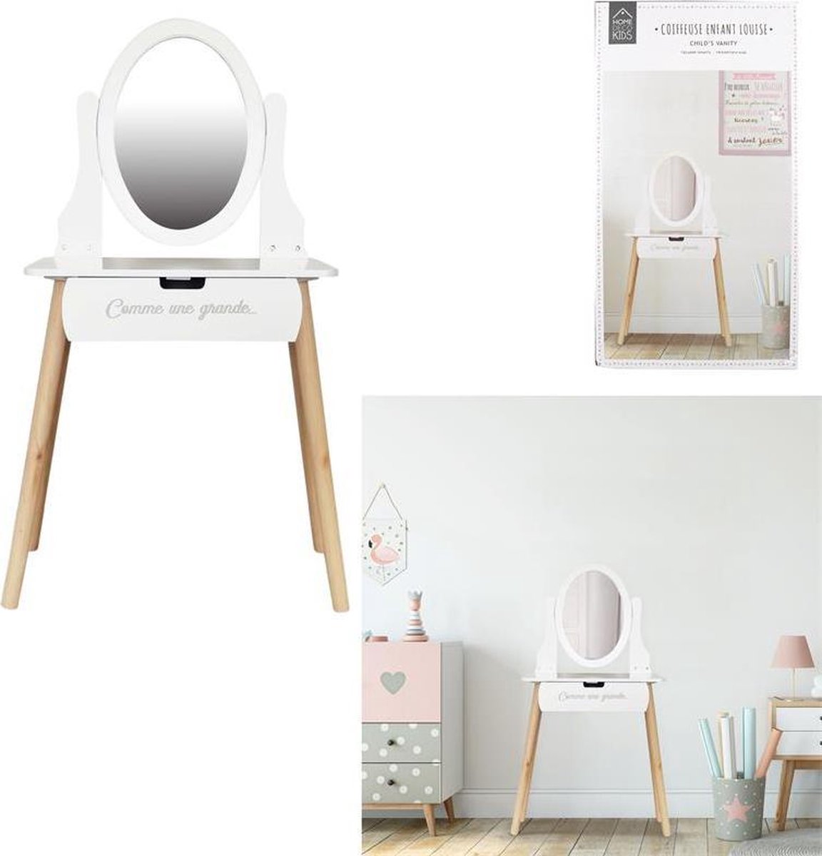 Home Deco Kids - Houten Kaptafel met Spiegel - 109cm Hoog - Wit - Make-Up Tafel