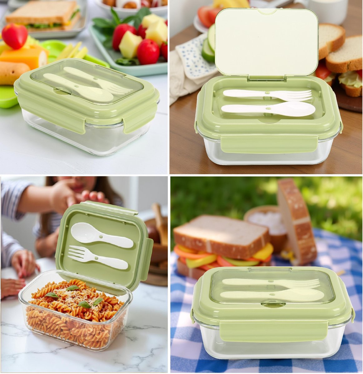 Boîte à lunch Cheffinger avec couverts - Verre - Verte - Boîte Bento - Multifonctionnelle pour le travail et l'école - Contenant pour la préparation des repas