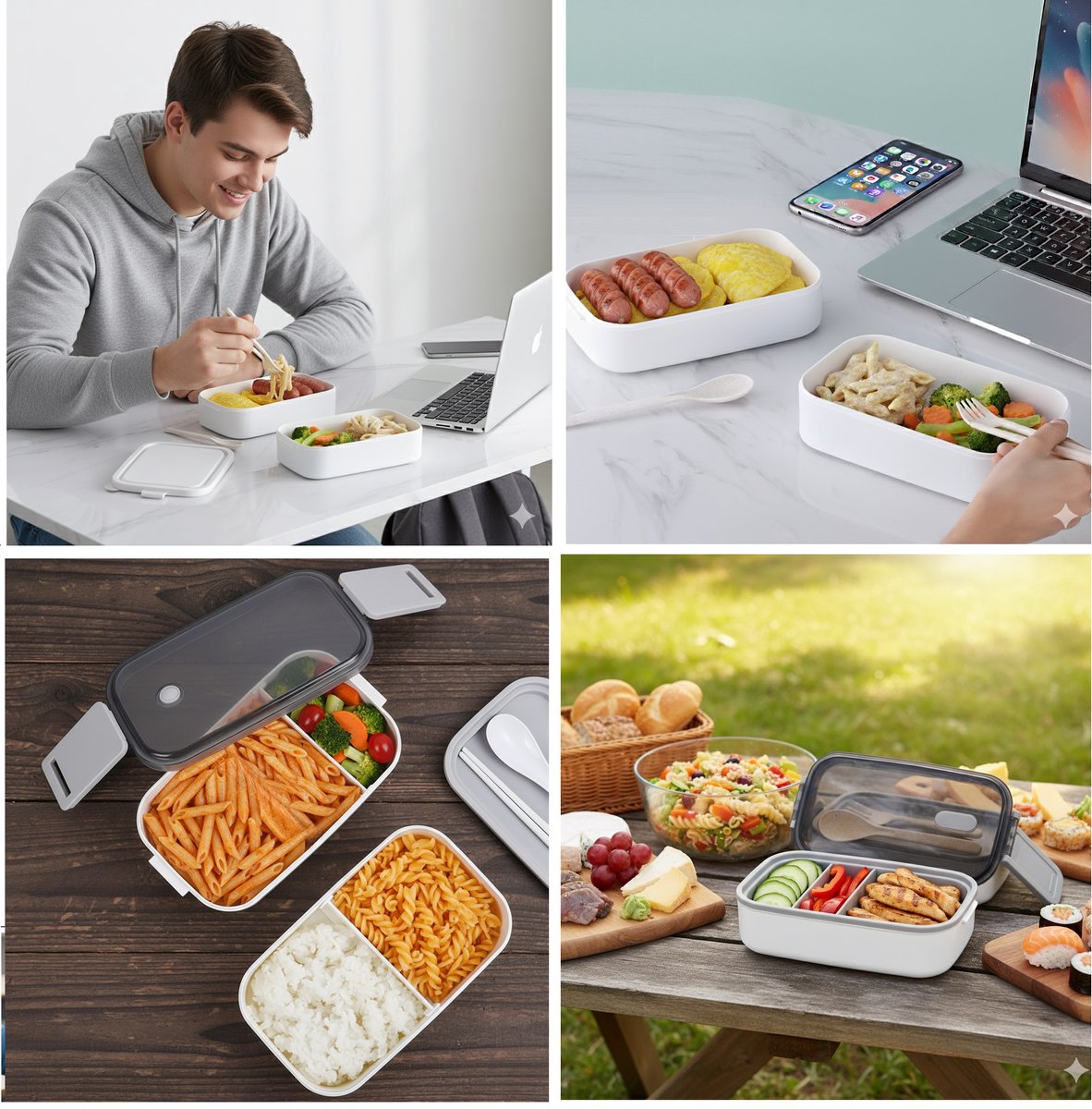 Boîte à lunch Cheffinger avec couverts - Blanche - Boîte bento - Multifonctionnelle pour le travail et l'école - Contenant pour la préparation des repas