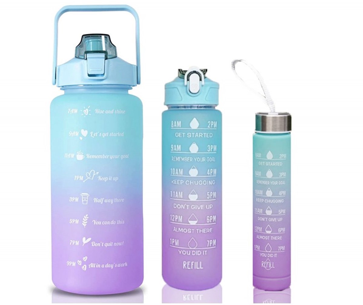 Hauskraft Motivatie Waterfles - 3-delige Set - Blauw/Paars - Drinkfles - Waterfles met Rietje - Waterfles met Tijdmarkering - 2L, 900ml, 500ml