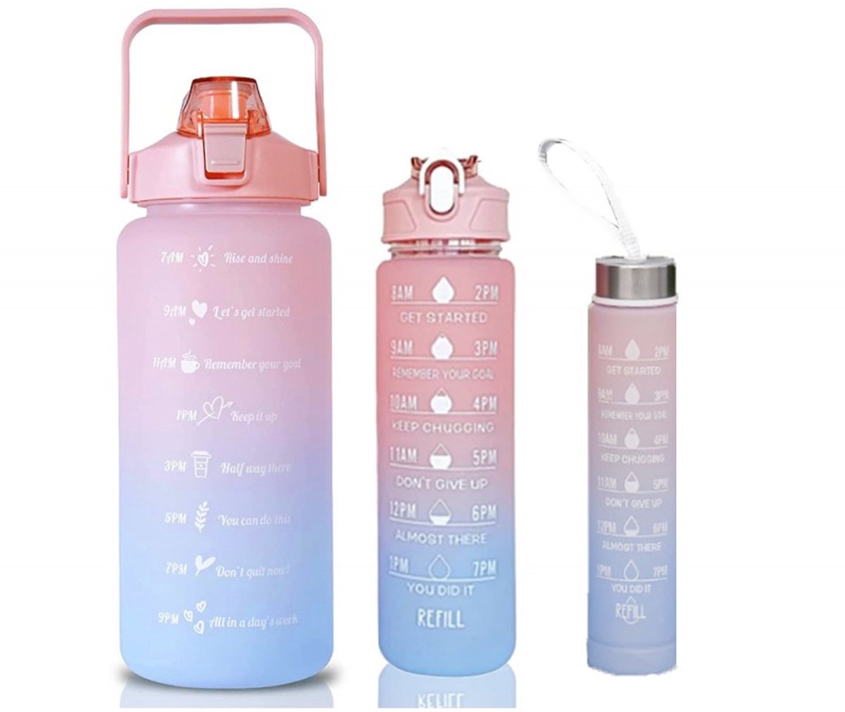 Hauskraft Motivatie Waterfles - 3-delige Set - Roze/Blauw - Drinkfles - Waterfles met Rietje - Waterfles met Tijdmarkering - 2L, 900ml, 500ml
