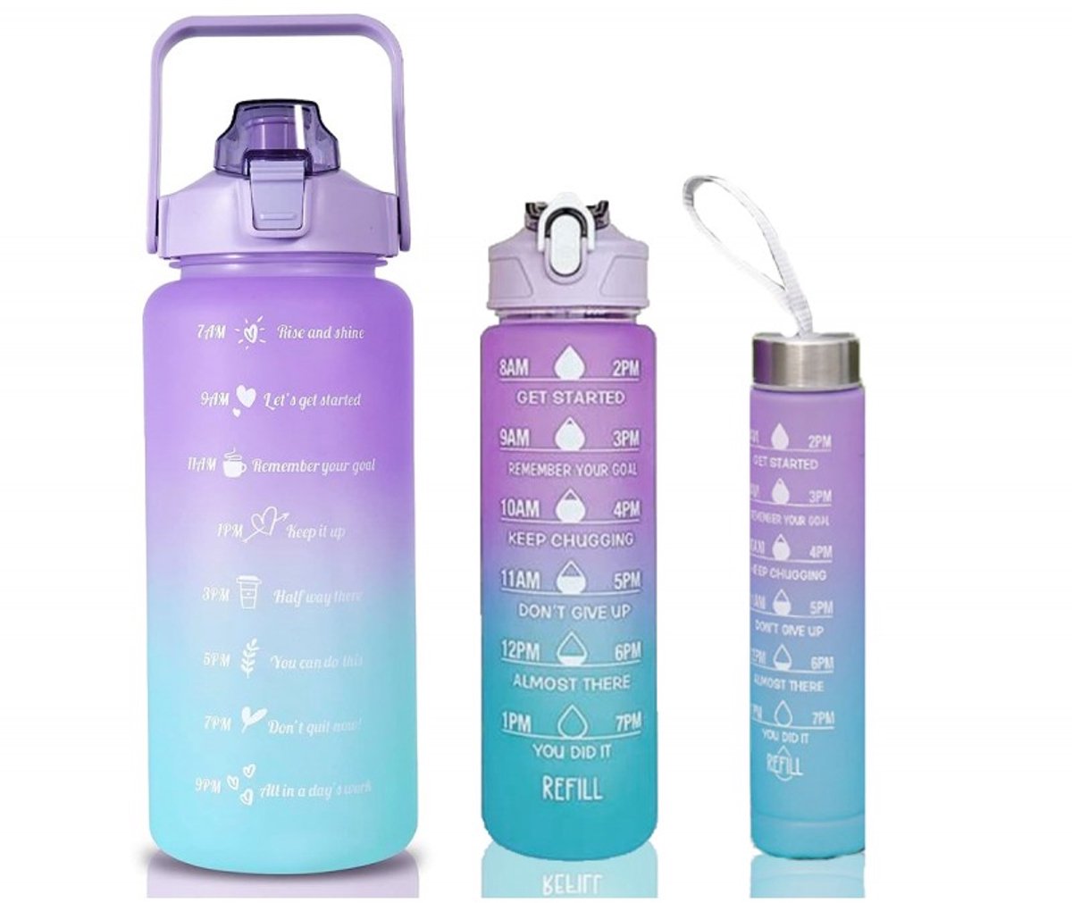 Hauskraft Motivatie Waterfles - 3-delige Set - Paars/Turquoise - Drinkfles - Waterfles met Rietje - Waterfles met Tijdmarkering - 2L, 900ml, 500ml