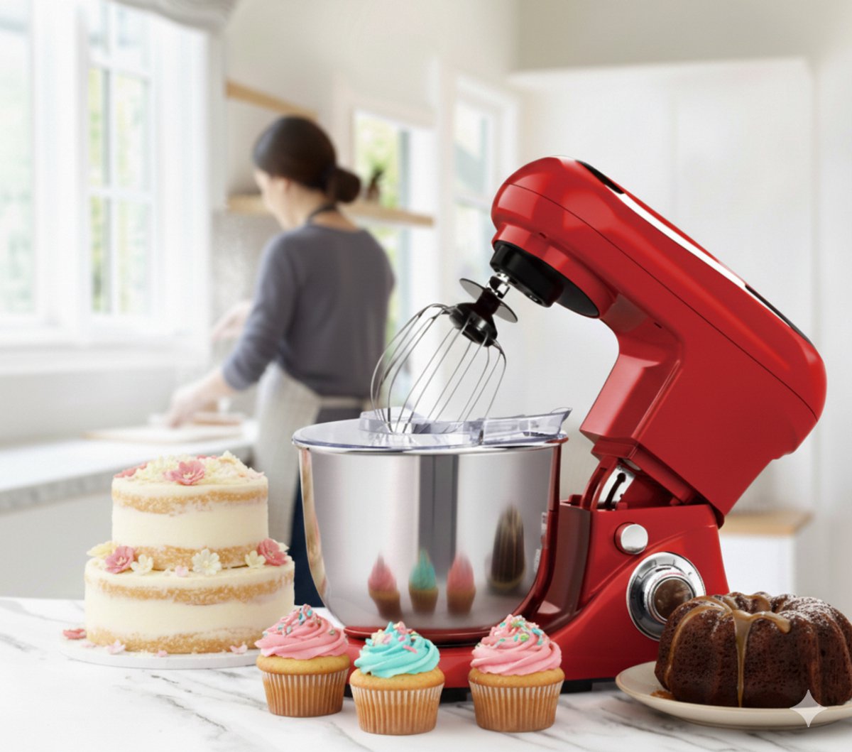 Robot Pâtissier Cheffinger - Rouge - Bol Mélangeur 6,5L - Robot de Cuisine - 3 Accessoires - Pétrin - 1600W