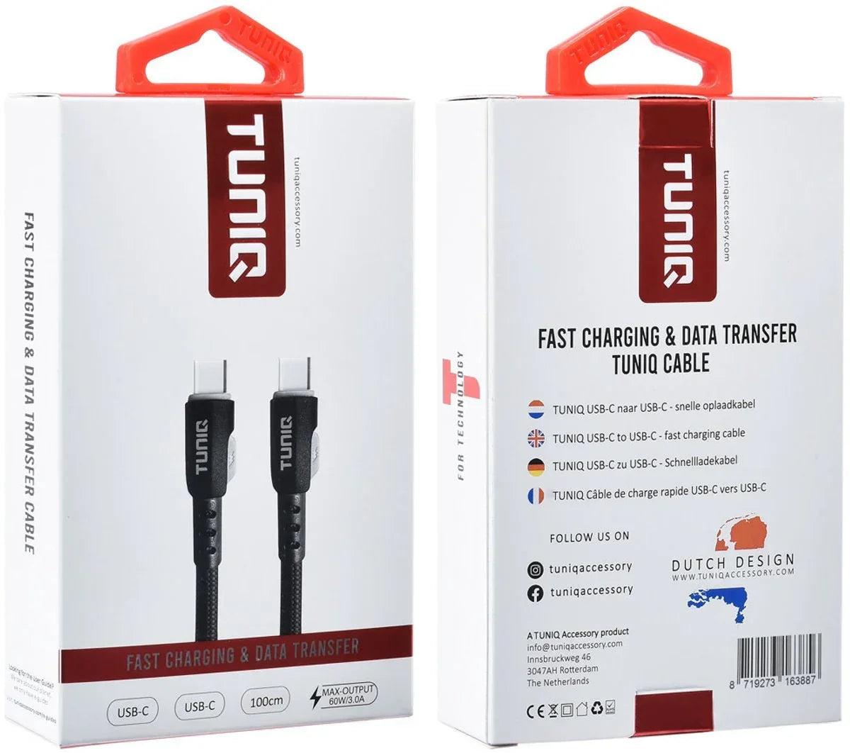 TUNIQ USB-C naar USB-C Kabel - 100cm - Snelle Oplaadkabel - Zwart