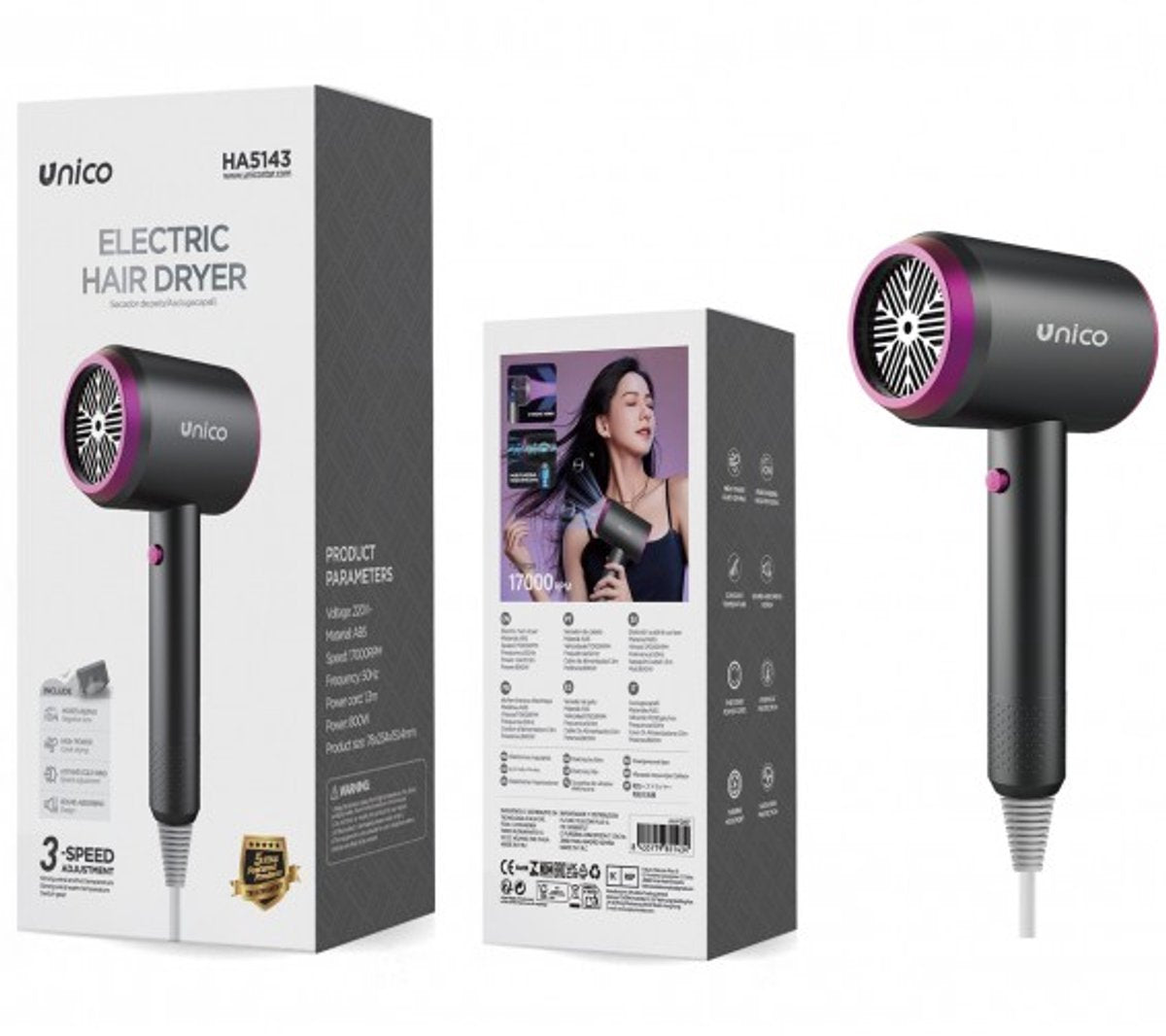 Unico Professionele Föhn 800W – Krachtige Digitale Haardroger met Ionentechnologie & Diffuser