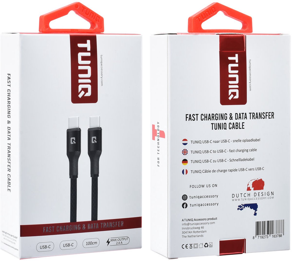 TUNIQ USB-C naar USB-C Kabel - 100cm - Snelle Oplaadkabel - Zwart - TEKZEN