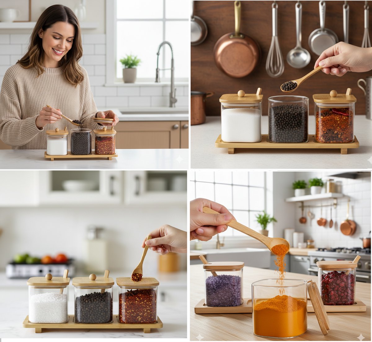 Cheffinger Kruidenrek met 3 Glazen Potten en Lepels - Bamboe