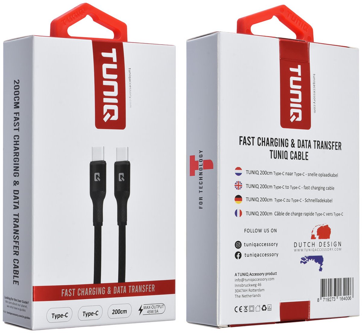 TUNIQ USB-C naar USB-C Kabel - 200cm - Snelle Oplaadkabel - Zwart