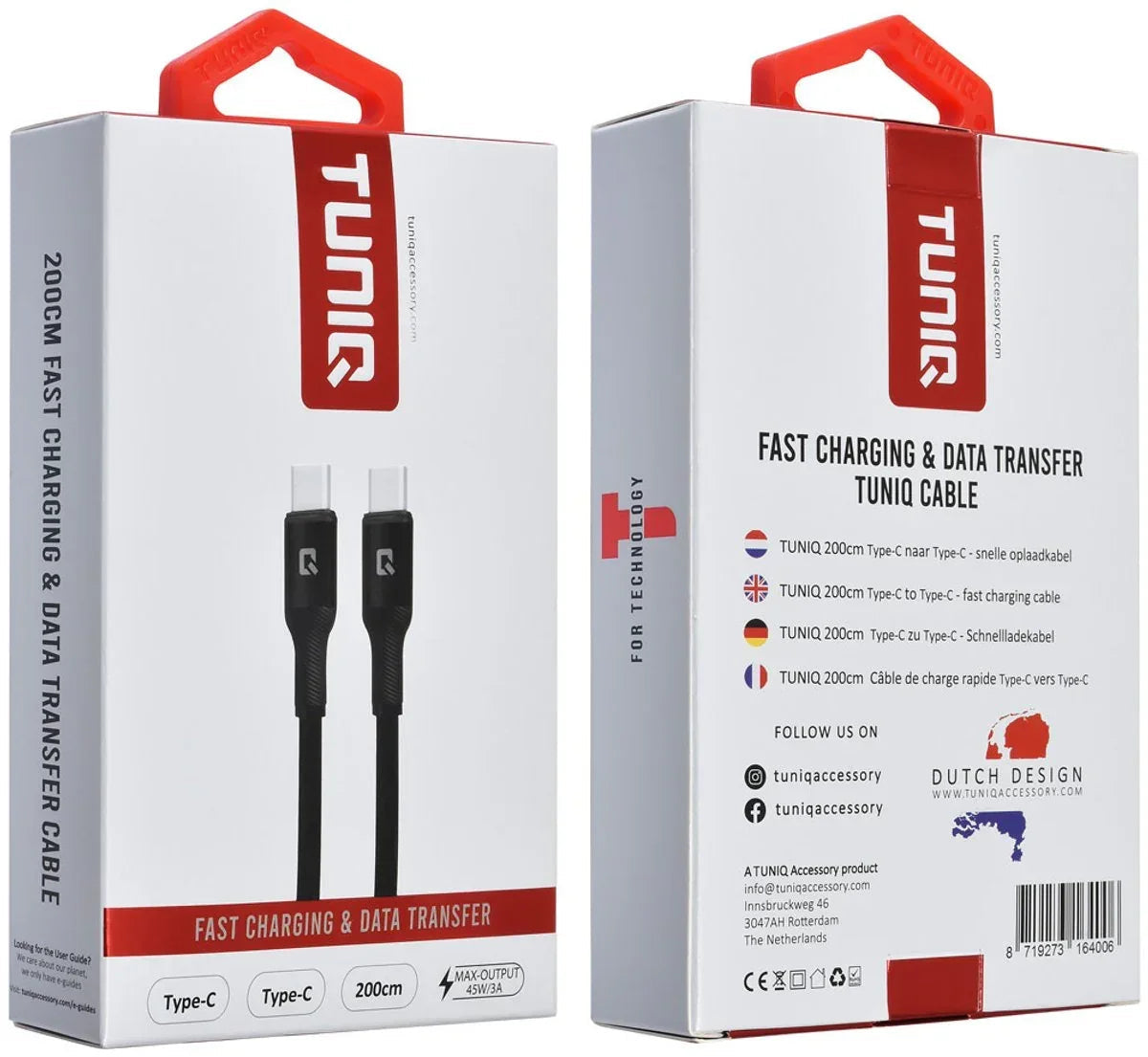 TUNIQ USB-C naar USB-C Kabel - 200cm - Snelle Oplaadkabel - Zwart