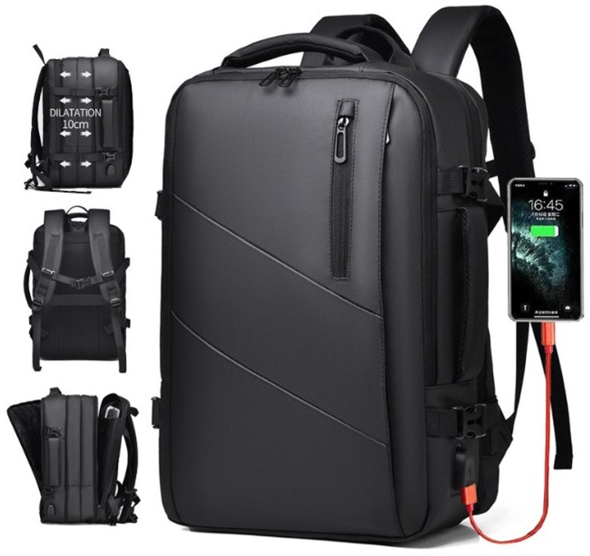 Hauskraft Rugzak met USB-Poort - Zwart - Rugzak voor Reizen - Reistas Handbagage - Reis Backpack - Rugtas Heren en Dames