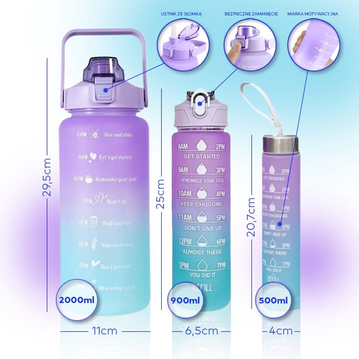 Hauskraft Motivatie Waterfles - 3-delige Set - Paars/Turquoise - Drinkfles - Waterfles met Rietje - Waterfles met Tijdmarkering - 2L, 900ml, 500ml