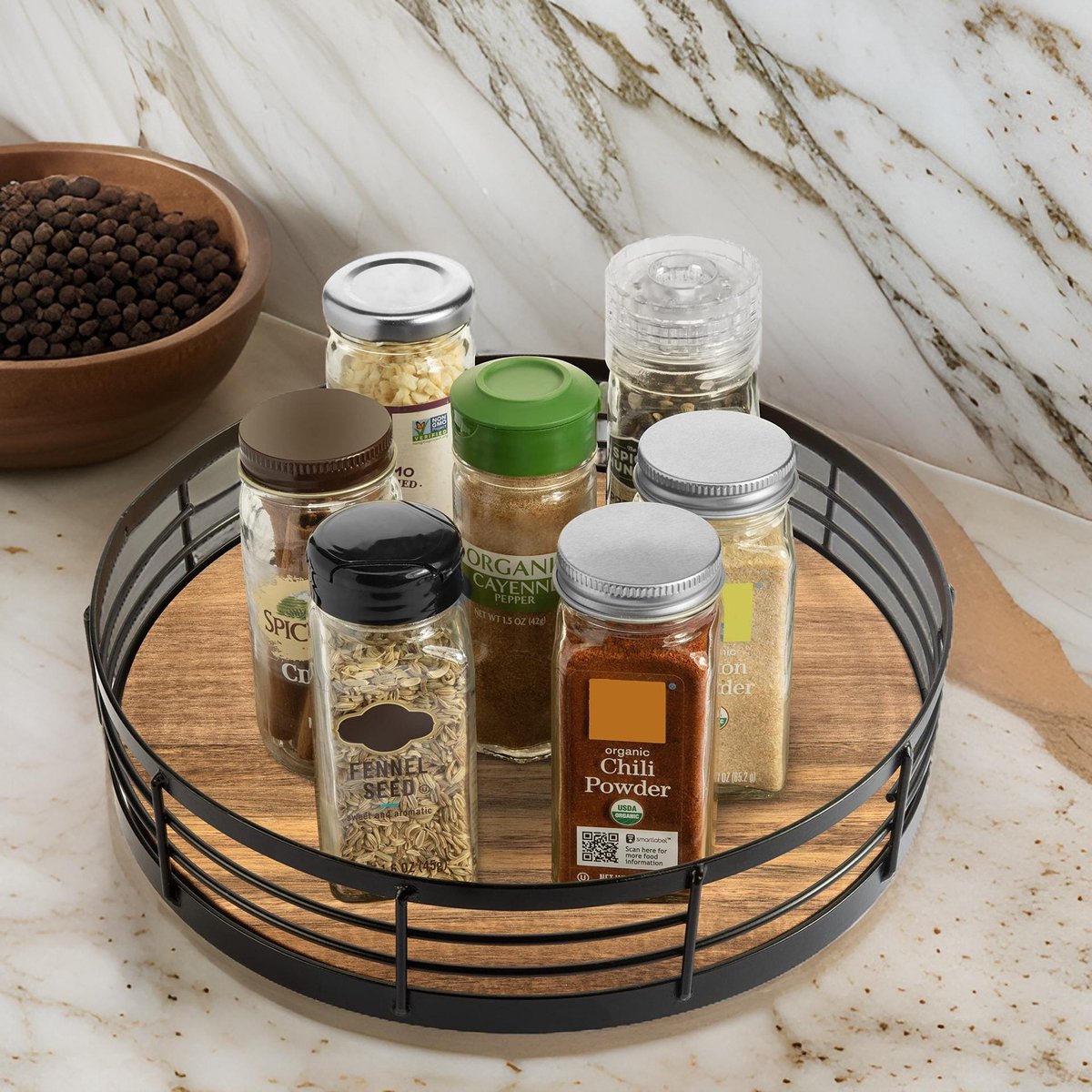 Cheffinger Draaiplateau - 26cm - Keuken Organizer - Keukenrek - kruidenrek - Roteerbaar - Zwart - Hout