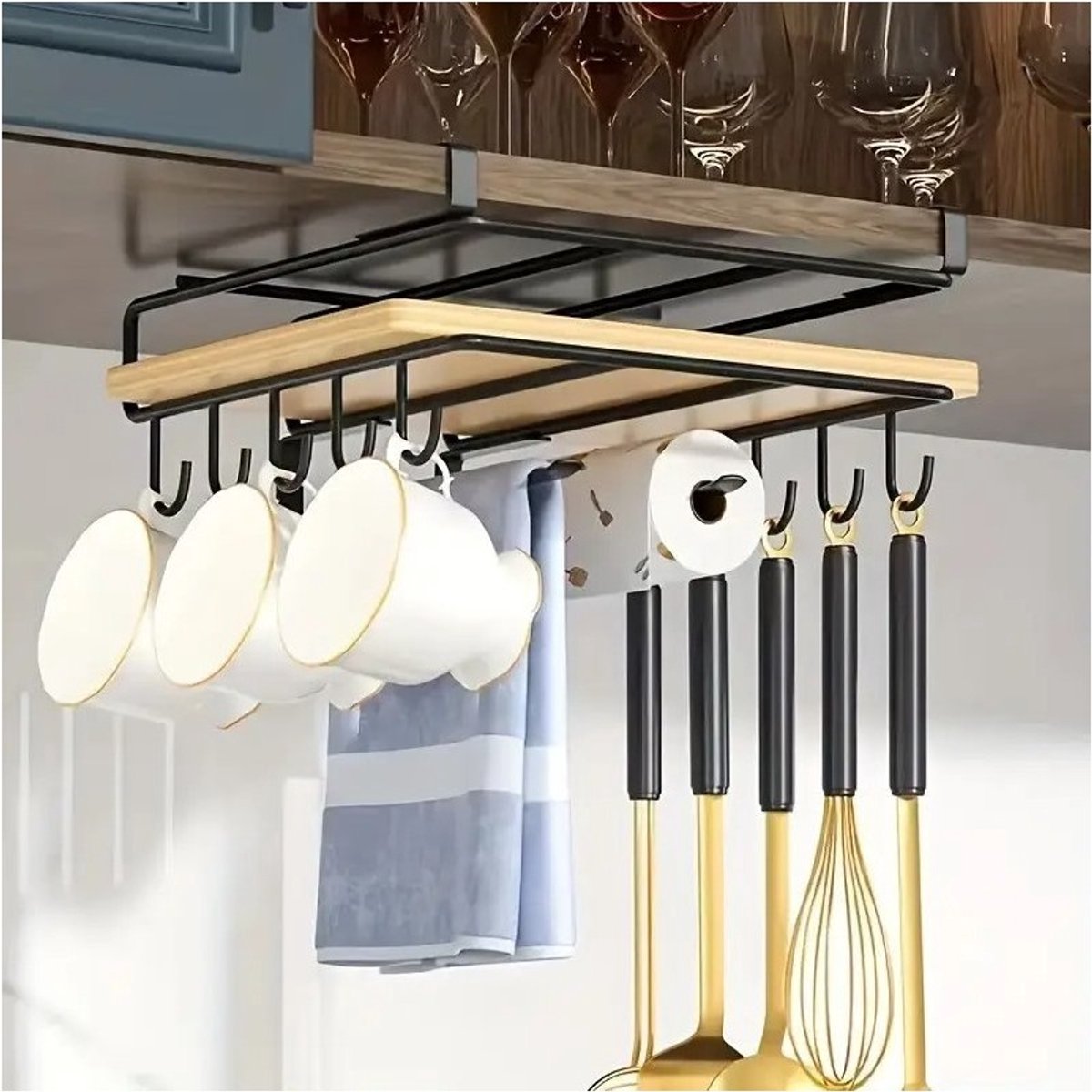 Hauskraft Ophangbeugel met Haken voor Kast - Snijplank Plank Houder - Keukenorganizer - Zwart - TEKZEN