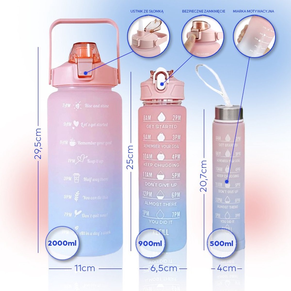 Hauskraft Motivatie Waterfles - 3-delige Set - Roze/Blauw - Drinkfles - Waterfles met Rietje - Waterfles met Tijdmarkering - 2L, 900ml, 500ml