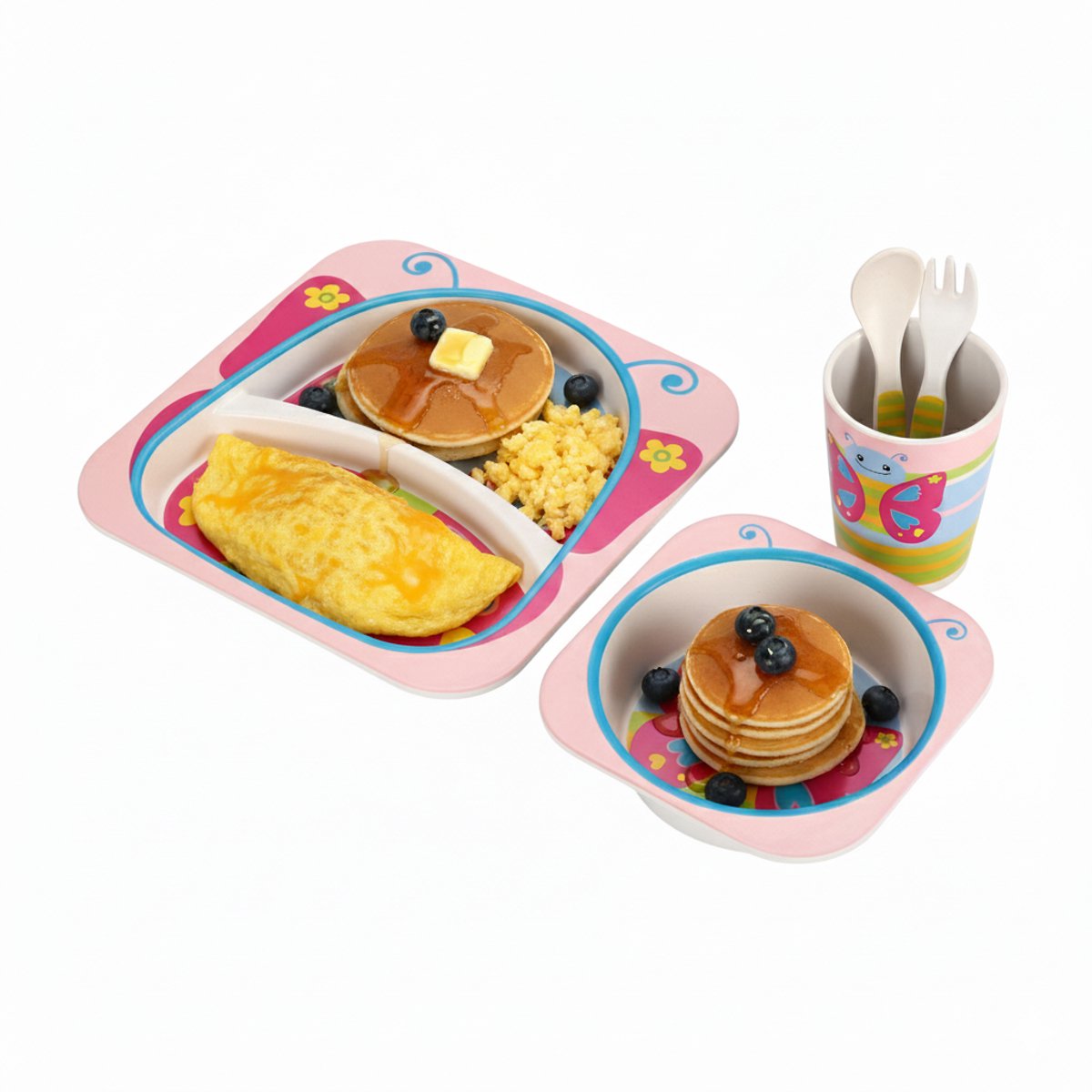 Service de table pour enfants Cheffinger - Papillon - Rose - 5 pièces - Bleu - Vaisselle bébé - Couverts pour enfants
