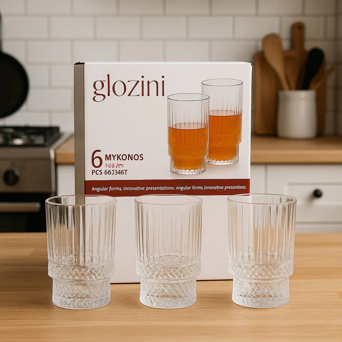 Glozini Mykonos - Geribbelde Longdrinkglazen - 330ml - Set van 6 - Cocktailglazen - IJskoffieglazen - Drinkglazen