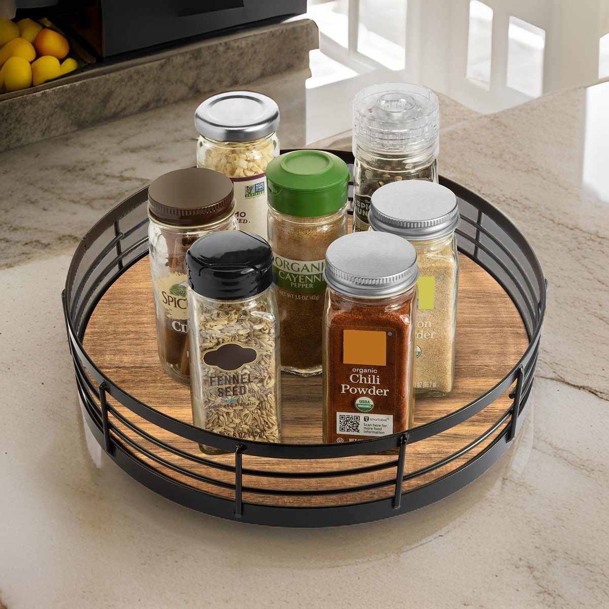 Cheffinger Draaiplateau - 26cm - Keuken Organizer - Keukenrek - kruidenrek - Roteerbaar - Zwart - Hout