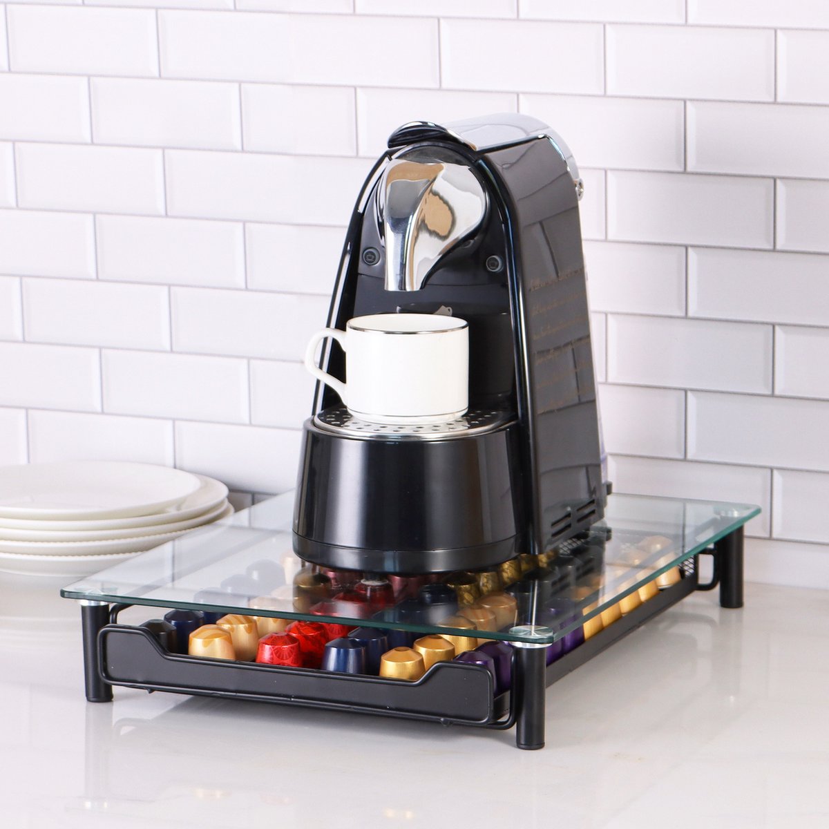 Cheffinger - Nespresso Capsulehouder met Lade - Glas - 60 Cups - Espresso Koffie Pad en Cups Houder - Glas en RVS - Zwart