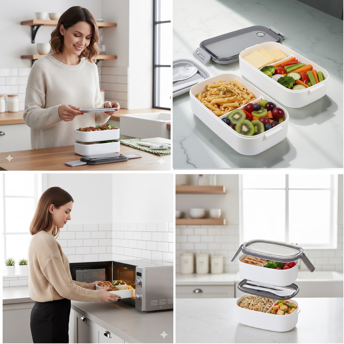 Boîte à lunch Cheffinger avec couverts - Blanche - Boîte bento - Multifonctionnelle pour le travail et l'école - Contenant pour la préparation des repas
