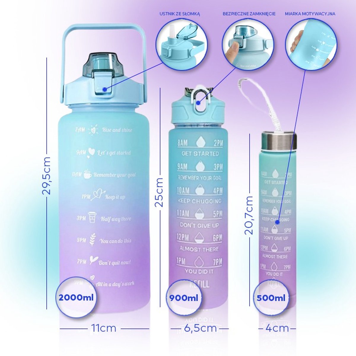 Hauskraft Motivatie Waterfles - 3-delige Set - Blauw/Paars - Drinkfles - Waterfles met Rietje - Waterfles met Tijdmarkering - 2L, 900ml, 500ml