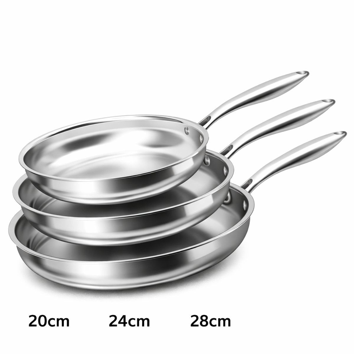 Cheffinger Koekenpannen - Set van 3 - 20cm, 24cm & 28cm - RVS - Zilver