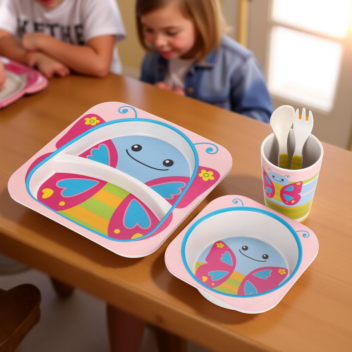 Cheffinger Kinderservies - Vlinder - Roze - 5-delig - Blauw - Baby Servies - Kinderbestek