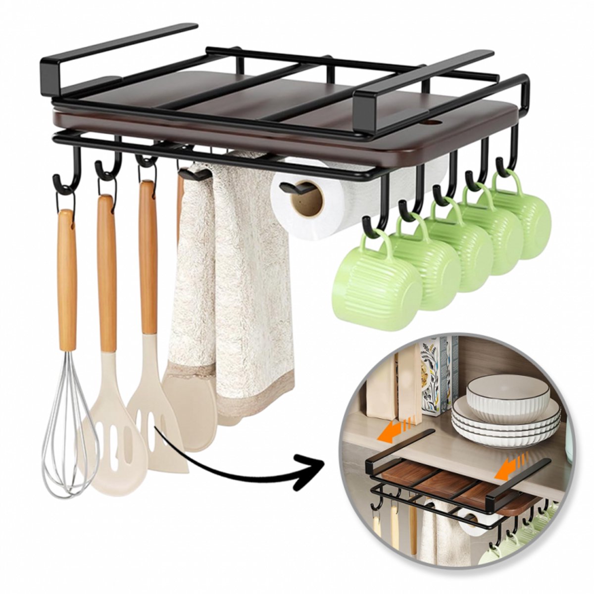 Hauskraft Ophangbeugel met Haken voor Kast - Snijplank Plank Houder - Keukenorganizer - Zwart - TEKZEN