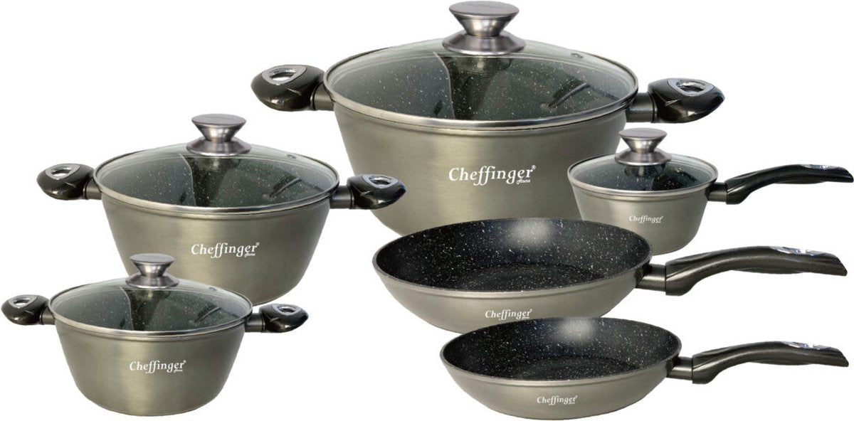 Cheffinger Pannenset - 10-delig - Zilver - Inductie - Met Glazen Deksels