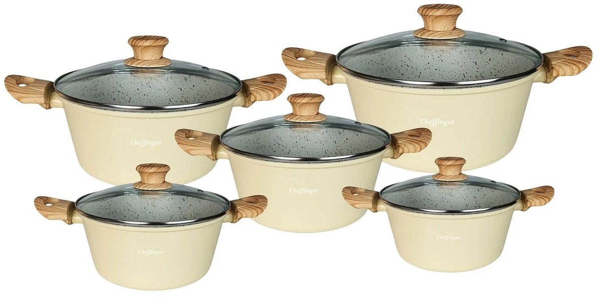 Cheffinger Pannenset - 10-delig - Beige - Inductie - Met Glazen Deksels