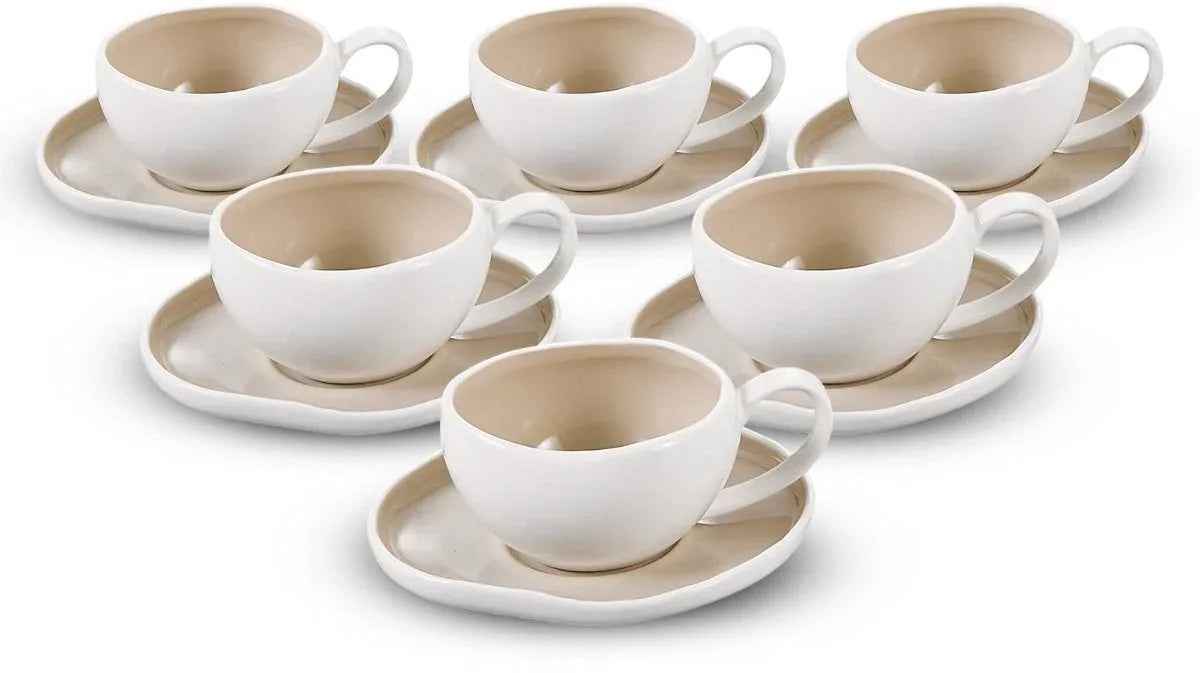Bricard Barles Koffieset - 12-delig - Wit/Taupe - 225ml - Porselein - Koffiekopjes - TEKZEN