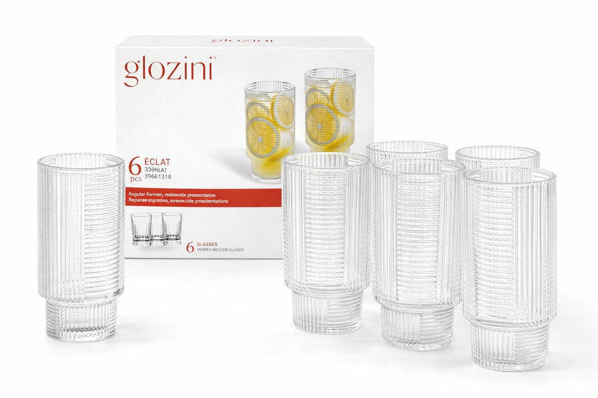 Glozini Eclat - Verres Long Drink Cannelés - 330ml - Empilables - Lot de 6 - Verres à Matcha - Verres à Latte - Verres à Cocktail