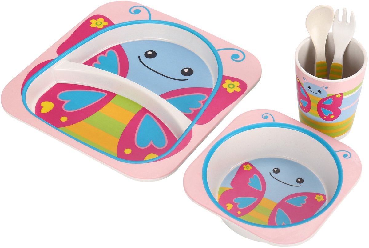 Cheffinger Kinderservies - Vlinder - Roze - 5-delig - Blauw - Baby Servies - Kinderbestek