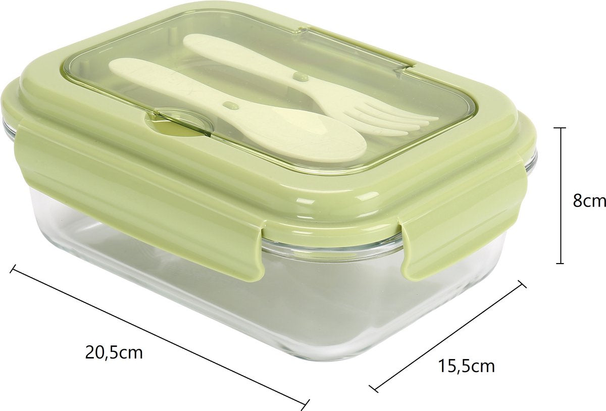 Cheffinger Lunchbox met Bestek - Glas - Groen - Bentobox - Multifunctioneel Voor Werk en School - Meal Prep Bakje