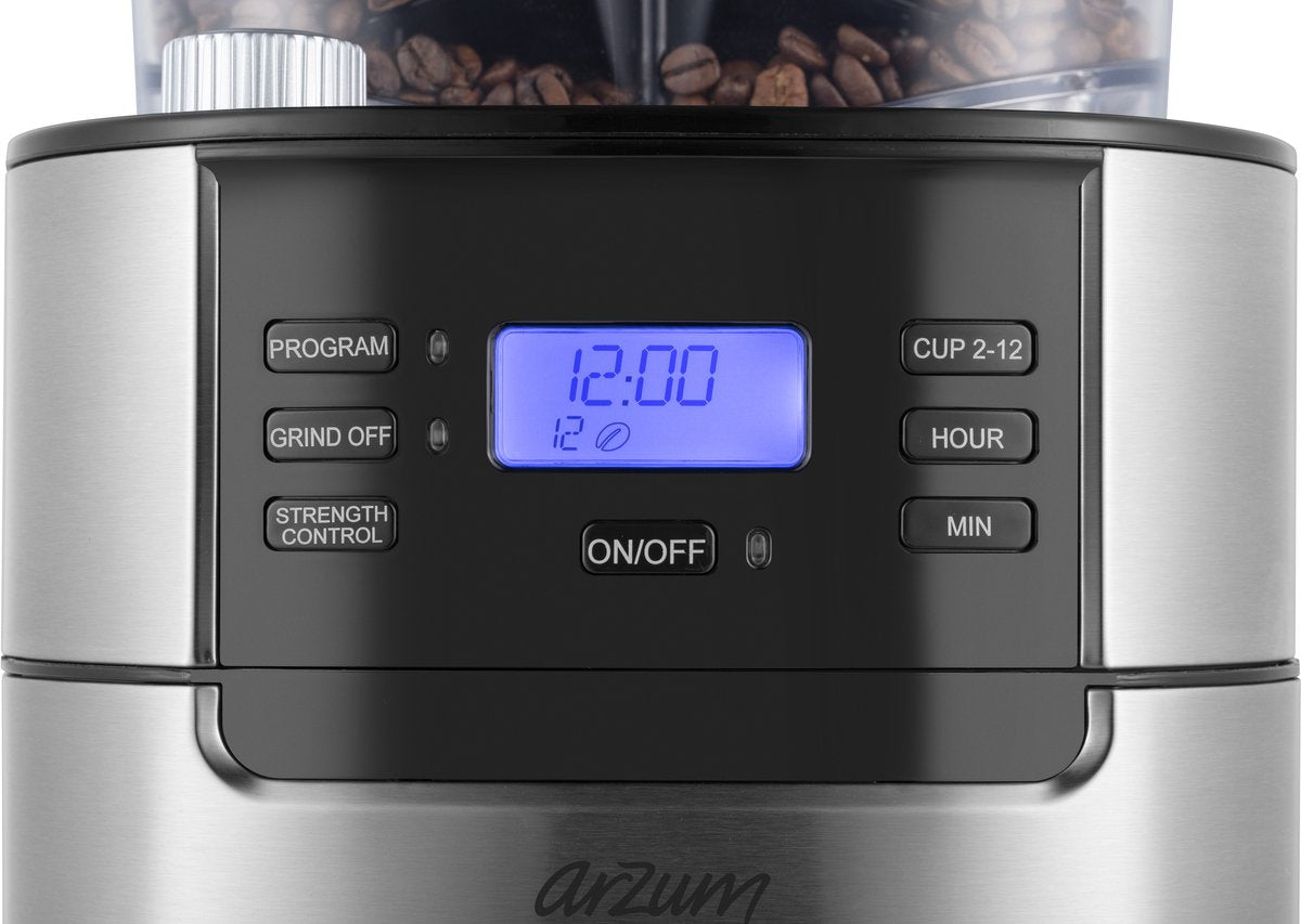 Arzum Brewtime Fresh Grind - Zilver/Zwart - Filterkoffiezetapparaat - Geïntegreerde koffiemolen - 1050W - 1.5 L