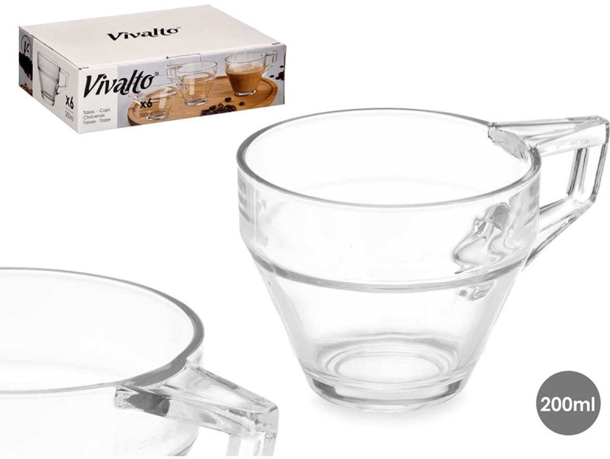 Vivalto Latte Koffieglas met Oor - Set van 6 - 200ml - Theeglas - Koffieglazen - Theeglazen