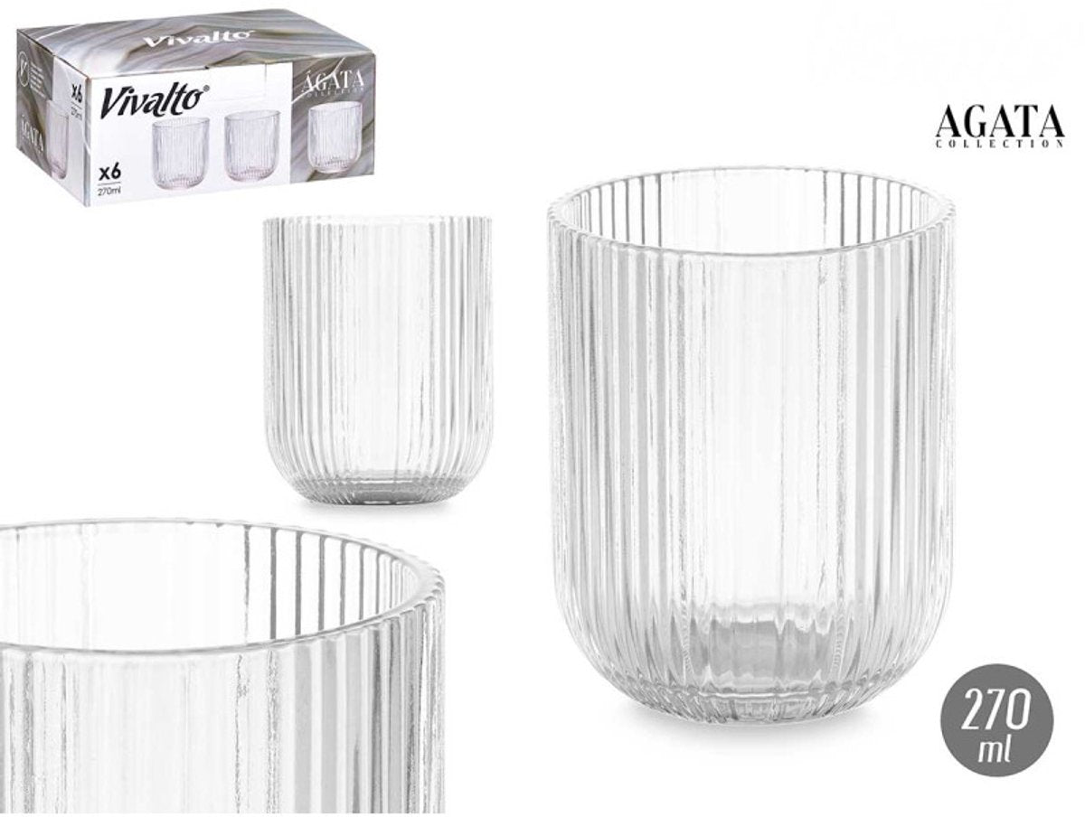 Vivalto Geribbelde Glazen - Set van 6 - 270ml - Waterglazen - Sapglazen