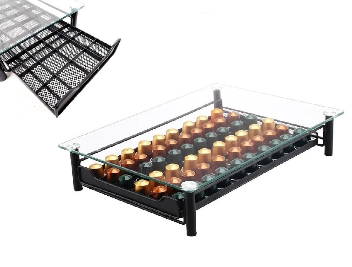 Cheffinger - Nespresso Capsulehouder met Lade - Glas - 60 Cups - Espresso Koffie Pad en Cups Houder - Glas en RVS - Zwart