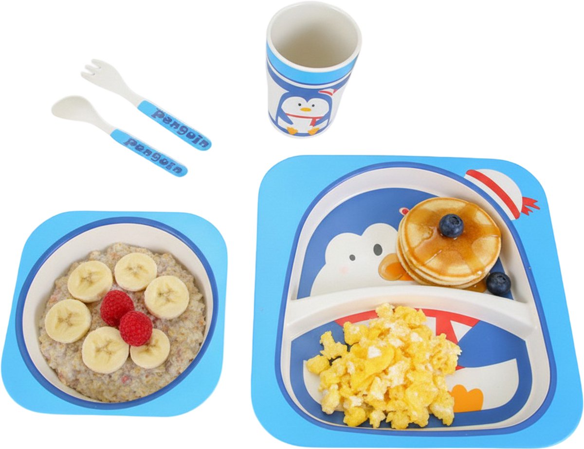 Cheffinger Kinderservies - Pinguïn - Bamboe - 5-delig - Blauw - Baby Servies - Kinderbestek