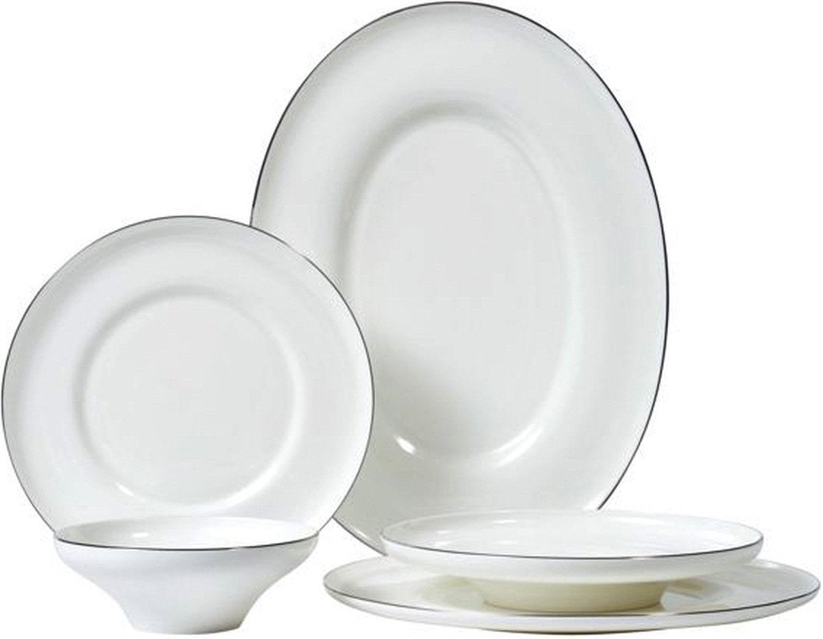 Bricard Macon – Porseleinen Serviesset Set - Dinner Set – 25-Delig - 6-Persoons - Wit/Zilver