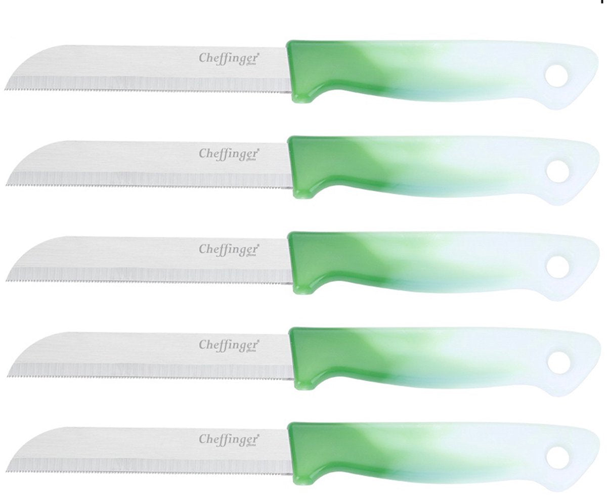 Cheffinger Schilmessenset – RVS Glad – 18 cm – Groen – 5 Stuks - Schilmesje