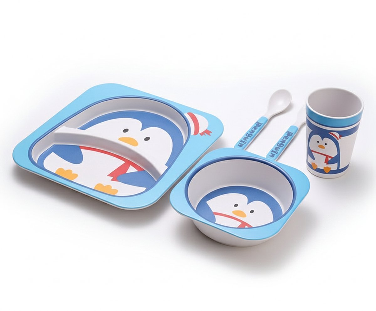 Cheffinger Children's Tableware - Penguin - Bamboo - 5-piece - Blue - Baby Tableware - Children's Cutlery