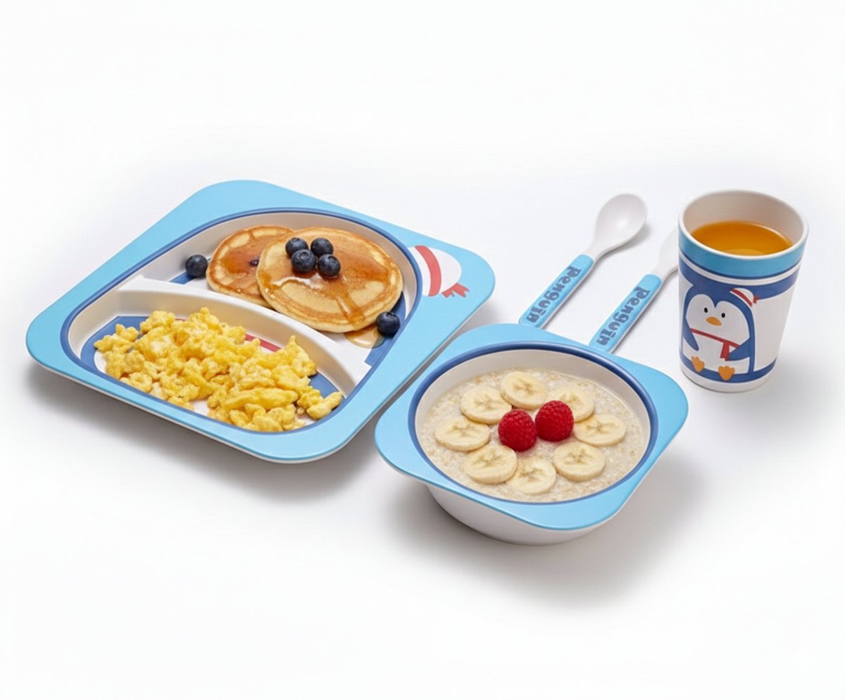 Cheffinger Children's Tableware - Penguin - Bamboo - 5-piece - Blue - Baby Tableware - Children's Cutlery