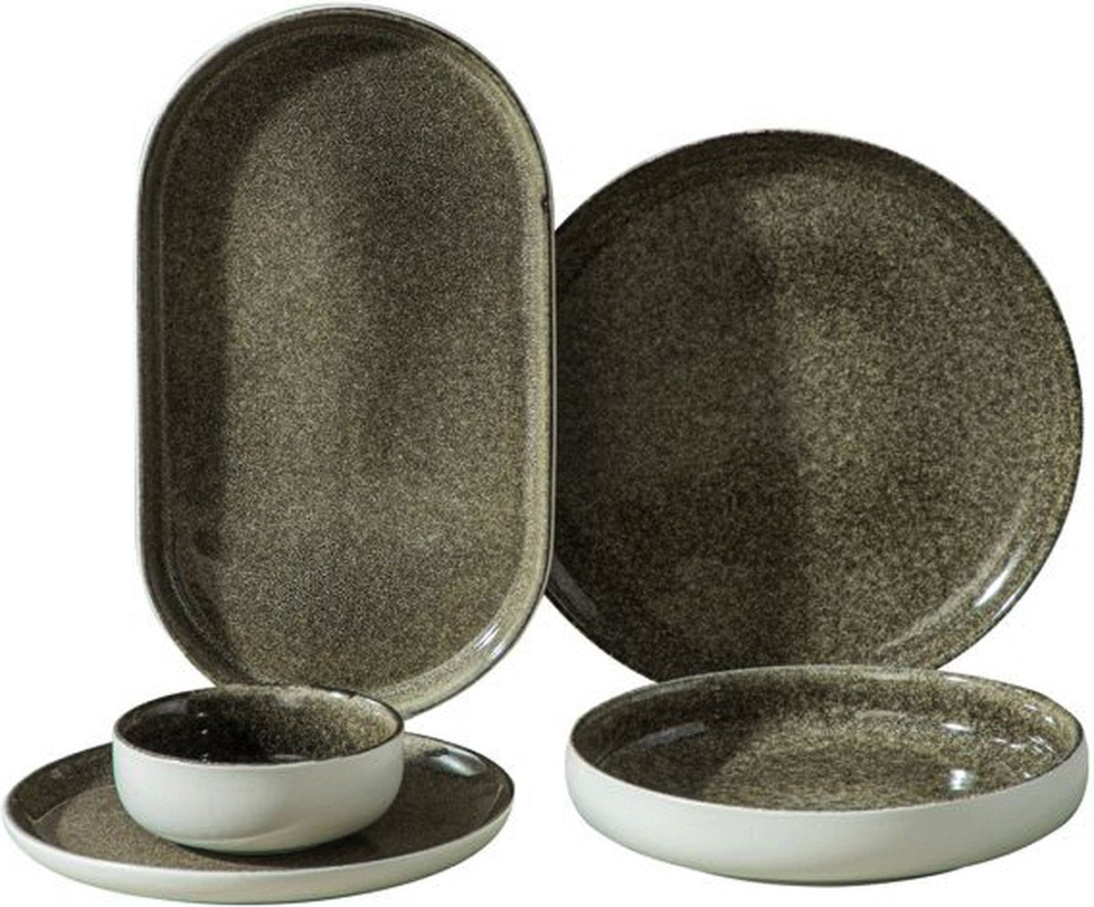 Bricard Pau - Porseleinen Serviesset Set - Dinner Set - 25-Delig - 6-Persoons - Mat Wit/Bruin