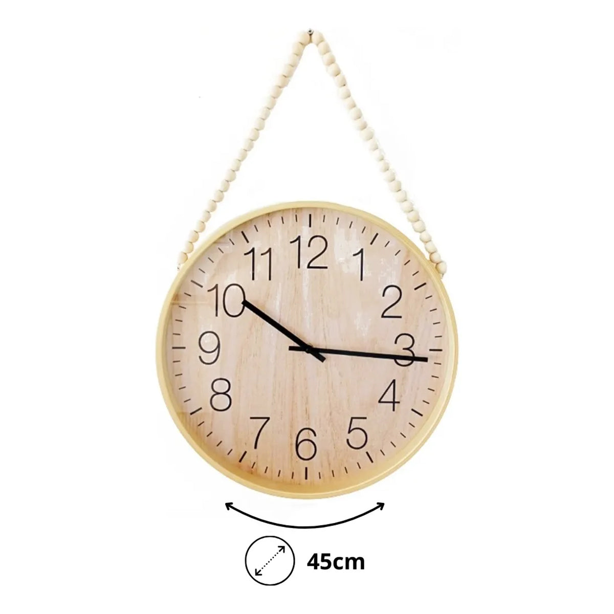 Hauskraft Wall Clock - 45cm - Light Brown/Black - Decorative Rope with Wooden Beads