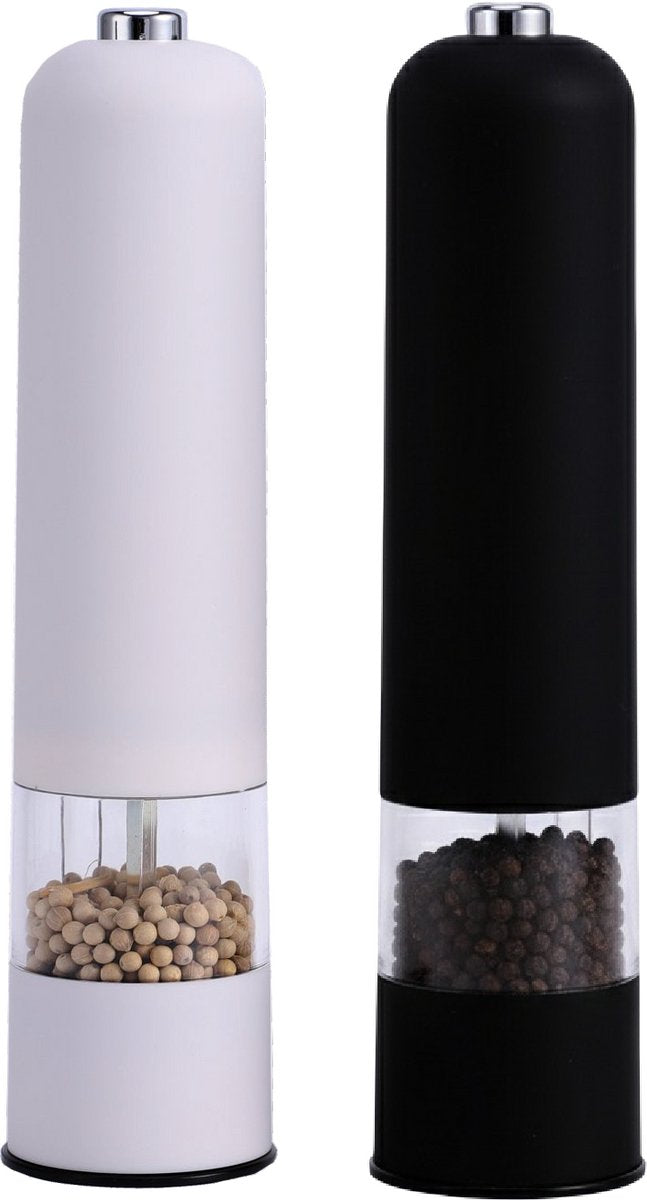 Cheffinger Elektrische Peper- En Zoutmolen Set - Zwart/Wit - Pepermolen - Zoutmolen - Verstelbare Maalgraad - Kruidenmolen