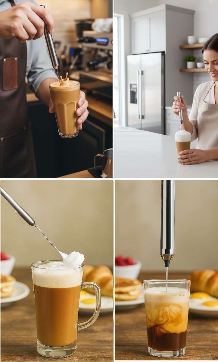 Cheffinger Elektrische Melkopschuimer - Melk Opschuimer - Koffie Mini Mixer - Draadloos op Batterijen - Cappuccino - Matcha - Frappé - Chocolademelk - Shakes - Zilver